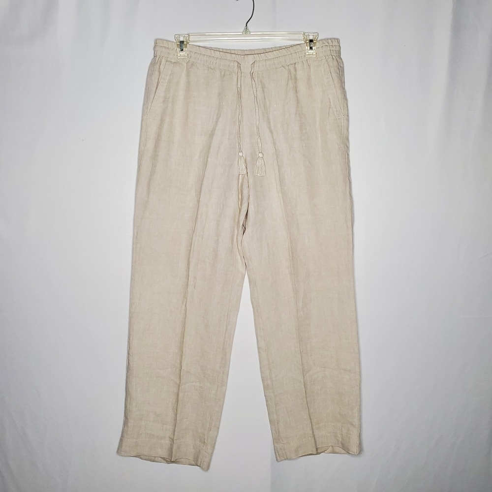 Talbots Linen Pants‎ Women 12 Khaki Beige Drawstring Pocket Straight Coastal